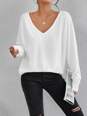 Frenchy Solid V Neck Batwing Sleeve Tee