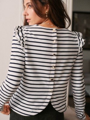Frenchy Button Back Ruffle Trim Striped Tee