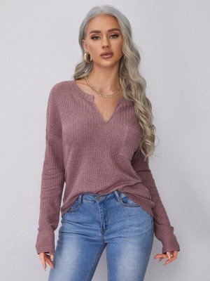 Notched Neck Pocket Front Waffle Knit Top